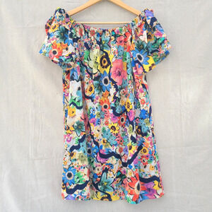 Callie Mac Floral Off Shoulder Lined Mini Dress Colorful Bright Boho Size S